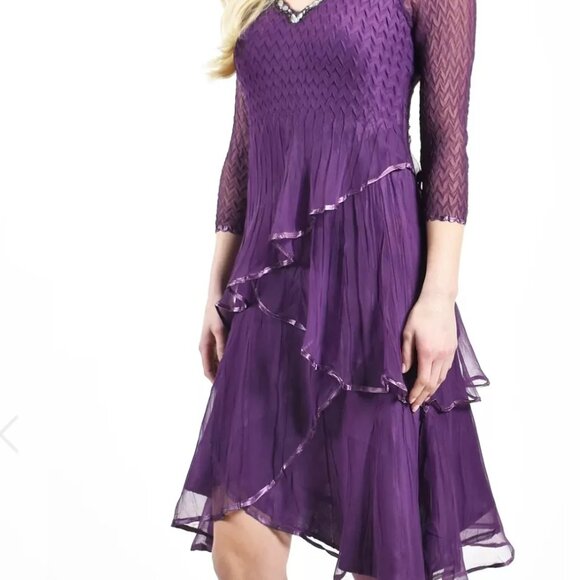 Komarov Dresses & Skirts - Komarov Womens Layered Purple V-Neck Tiered Chiffon Fit & Flare Dress Size L